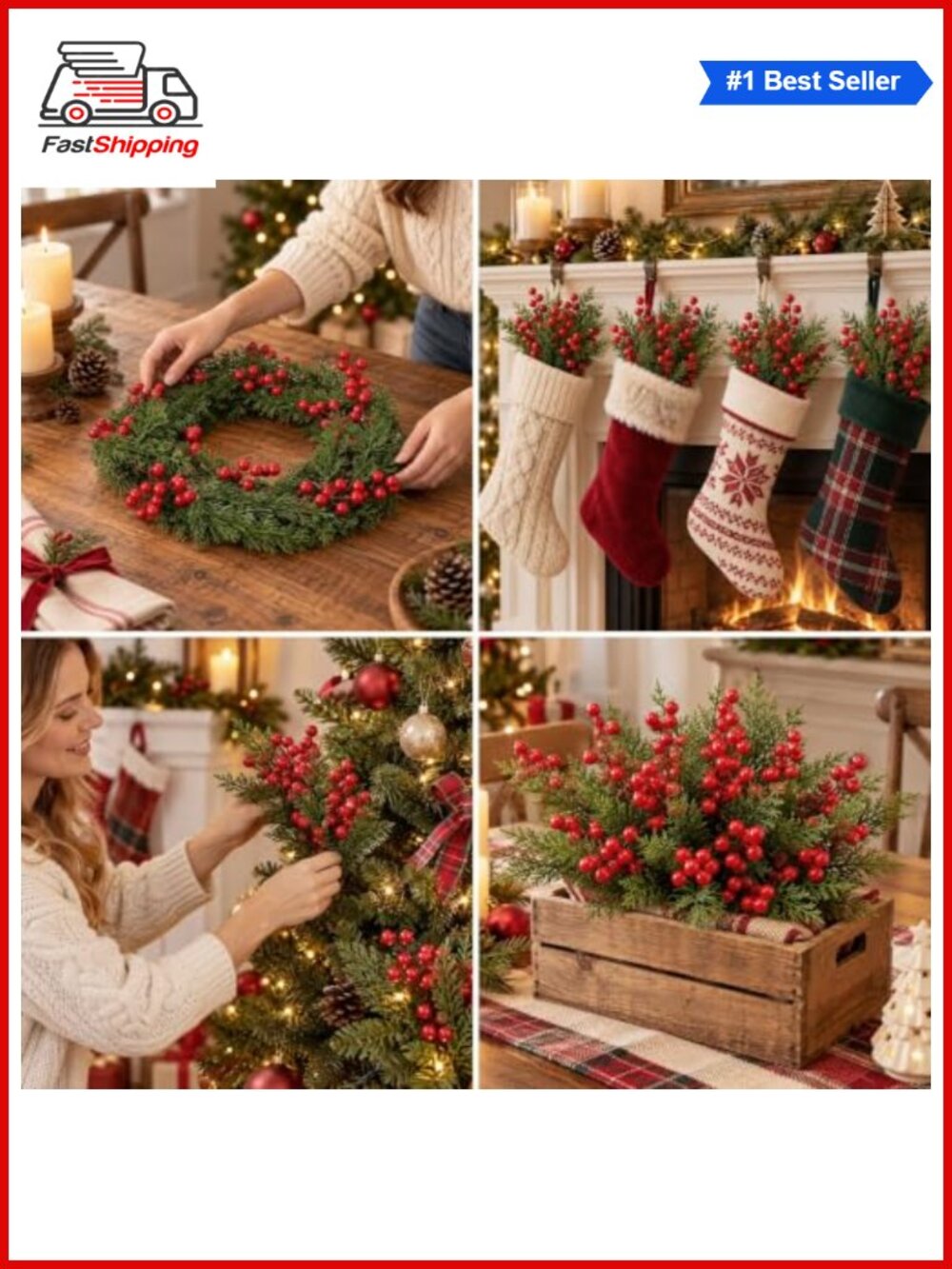 🎅 128 Pc Artificial Pine & Berry Stems Set Christmas Tree Wreath Garland - Picture 5 of 5